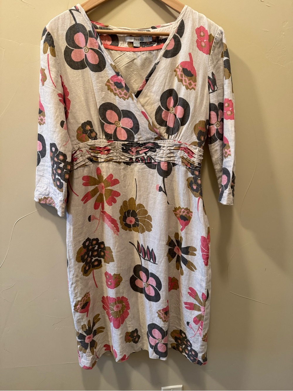 Boden Women’s Linen Floral 3/4 Sleeve V-Neck Laidback Sheath Dress Size 8L